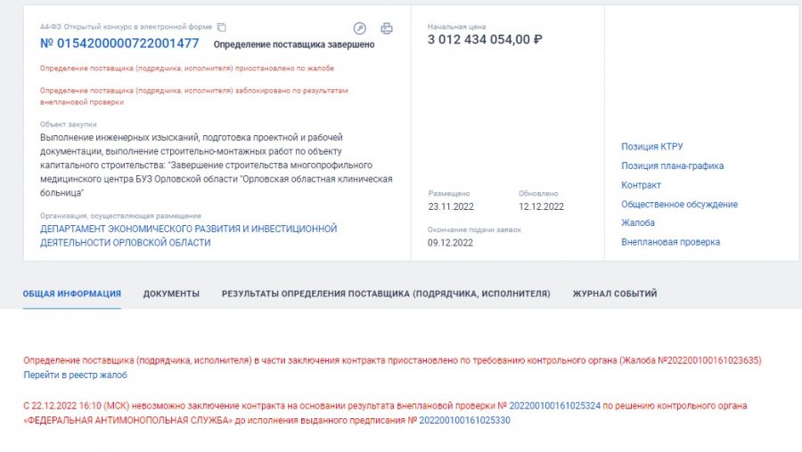 Красная карточка: ФАС России остановила заключение контракта на достройку  орловского «титаника»